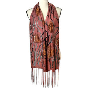 Women's Burnout Sparkle Floral Scarf or Shawl Fall Colors Orange Red Fringe